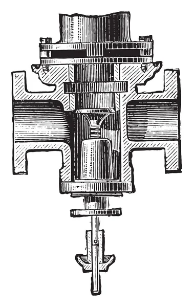 Tangye engine. Cutting the steam inlet lantern, vintage engravin — Stock Vector