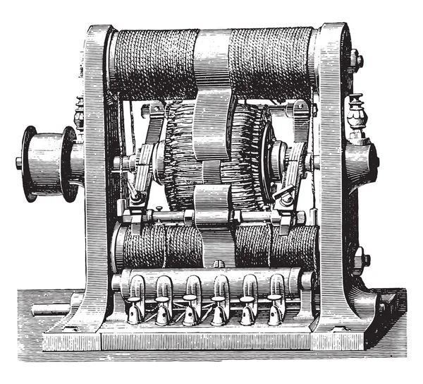 Machine dubbele ring gram, vintage gravure. — Stockvector