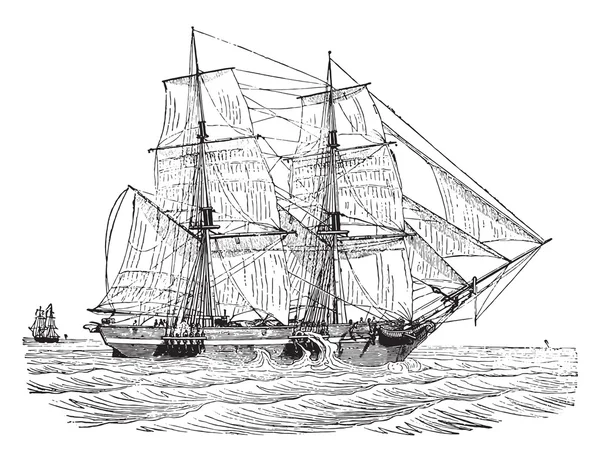 Rüzgara yakın ticaret brig, vintage gravür.