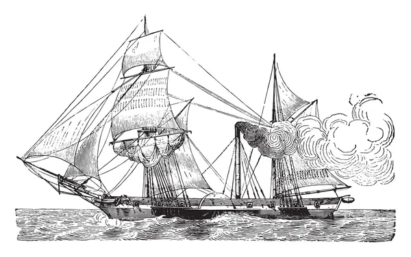 Wheeled Warship, vintage engraving. — 스톡 벡터