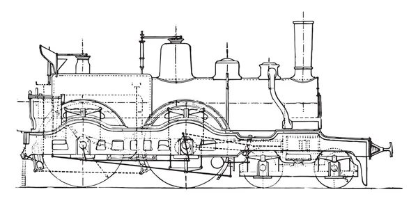 Machine travelers express train, vintage engraving. — Stock Vector