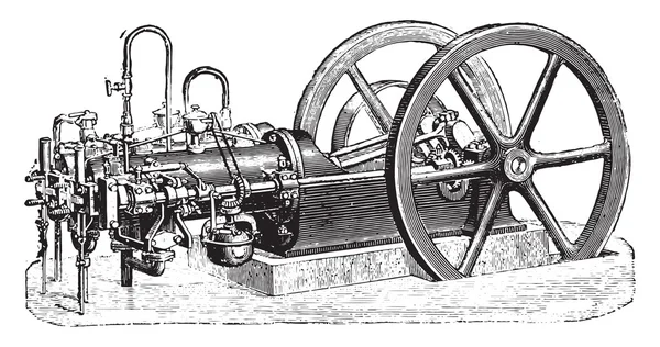 Type Otto motor, twee cilinders, combinatie vintage gravure. — Stockvector