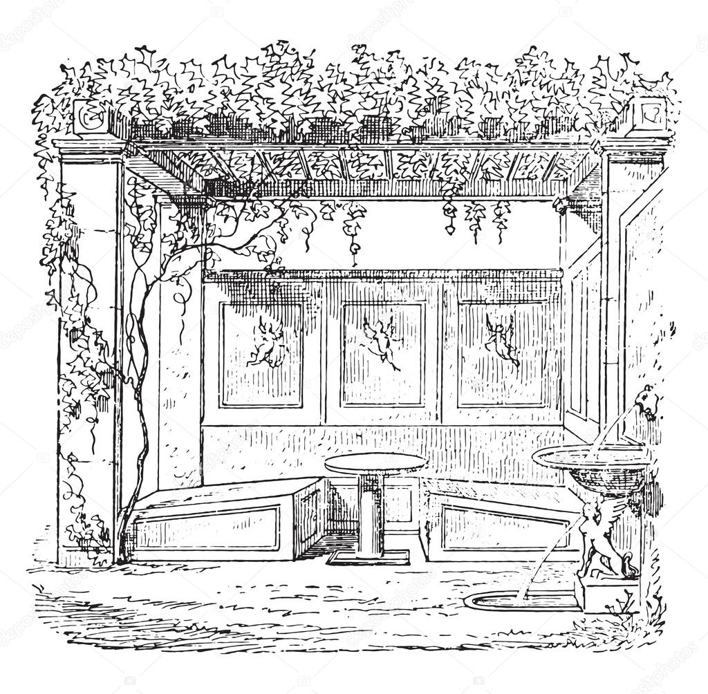 Triclinium the house of Sallust, vintage engraving.