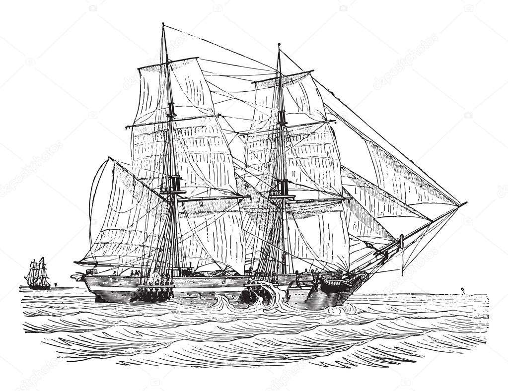 Trading brig as close to the wind, vintage engraving.