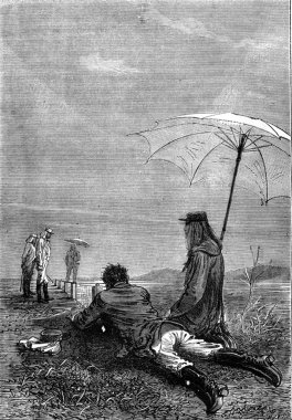 Yerde yatan, vintage gravür.