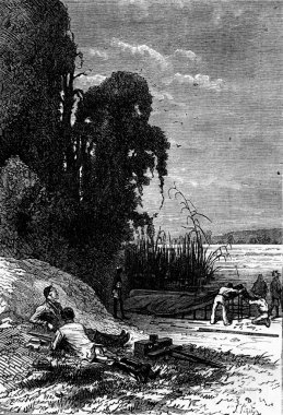 Tekne yi hazırlayan denizciler, vintage gravür.