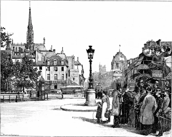 Lugar e Pont Saint-Michel, gravura vintage . — Fotografia de Stock