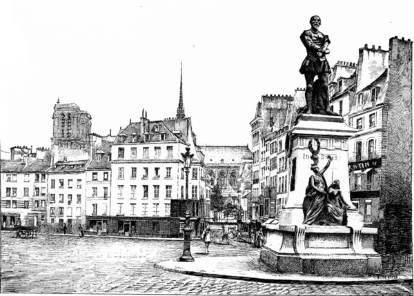 Place Maubert et statue d'Etienne Dolet, gravure vintage . — Photo