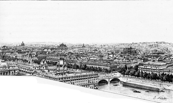 Panorama of the right bank, alleging Notre Dame, vintage engravi