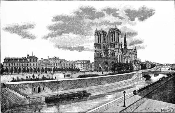 The Hotel-Dieu, the Parvis Notre-Dame and the Pont au Double, vi — 图库照片