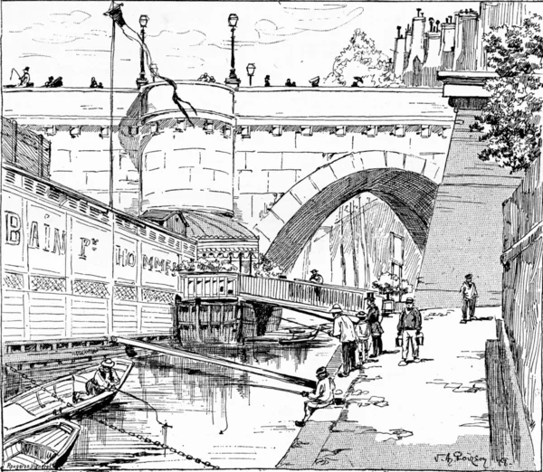 The bank of the Pont Neuf, vintage engraving.