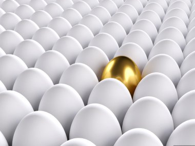 Golden egg standing out from the others. 3d render clipart