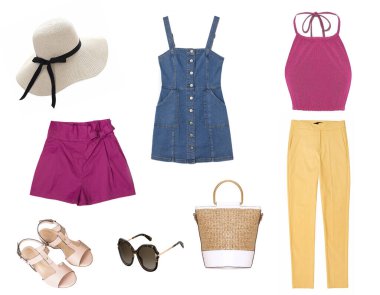 Yazlık kıyafetlerin kadın kolajı.