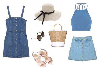 Beyaz arkaplanda yalıtılmış kadın yaz kolajı