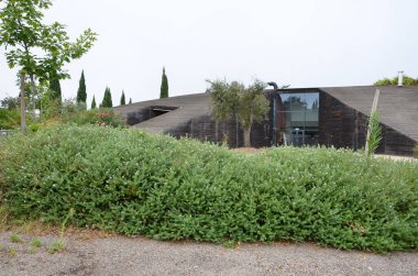 Çağdaş bina çiçek açan bitki ve ağaçlarla çevrili.