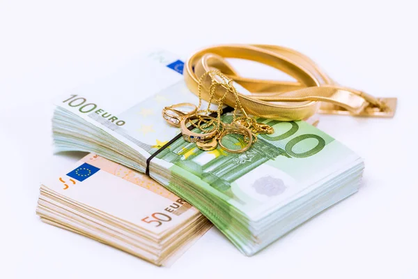 Золото Гроші Купа Банкнот Європейського Союзу Банкнот Євро Купка Золотих — стокове фото