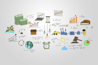 İş karalamaları el çizimi çizimi çizim seti. Griye izole edilmiş bilgi elementleri. Birçok simge grafikler, istatistikler, cihazlar, formüller içeriyordu. Raster yatay resmi.