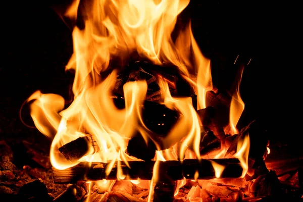 Hot Fireplace Full Wood Real Flames Burning Logs Texture Background — Stock Photo, Image