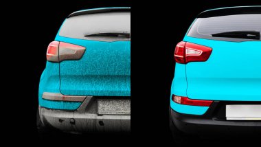 Yıkanmadan önce ve sonra araba yıkama servisi. Temizlikten önce ve sonra. Yarısı bölünmüş resim. Öncesinde ve sonrasında. İstasyonda mavi aracı yıkıyorum. Araba yıkama konsepti. 