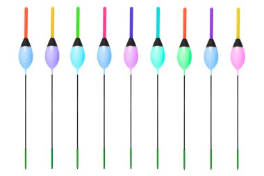 Beyaz arka planda izole edilmiş farklı renkte balıkçı tekneleri. Balıkçı teknesine yakın çekim beyaz üzerine izole edilmiş. Balıkçılık ekipmanları konsepti. 