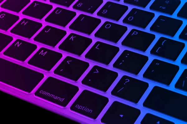 Closeup Modern Computer Keyboard Keys Pink Blue Tones Close View — Stock Photo, Image