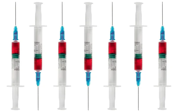 Set Injectiespuit Van Dichtbij Geïsoleerd Witte Achtergrond Vaccin Een Plastic — Stockfoto