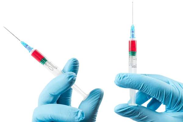 Medicijn Plastic Vaccinatie Apparatuur Met Naald Arts Verpleegkundige Hand Geïsoleerd — Stockfoto