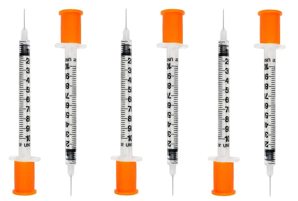 Set Insulin Syringe Diabetes Isolated White Background Close Empty Syringe — Stock Photo, Image