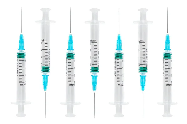 Állítson Üres Fecskendőt Fehér Alapon Elkülönítve Vakcina Műanyag Injekciós Fecskendő — Stock Fotó