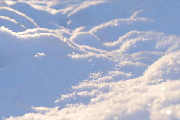 Macro Tiro Fundo Neve Branca Fresca Pôr Sol Textura Flocos — Fotografia de Stock