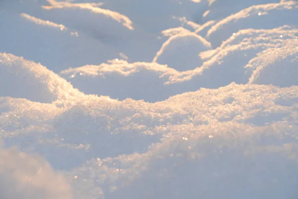 Macro Tiro Fundo Neve Branca Fresca Pôr Sol Textura Flocos — Fotografia de Stock