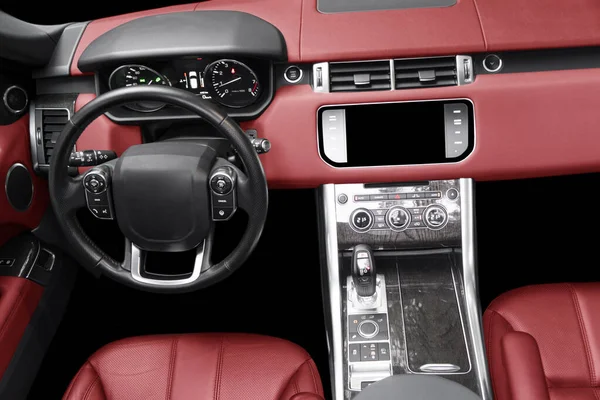 Moderní Červené Auto Interiér Volant Řadící Páka Palubní Deska Detail — Stock fotografie