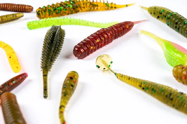 Señuelos Pesca Silicona Jig Aislados Sobre Fondo Blanco Cebos Pesca —  Fotos de Stock