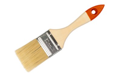 Beyaz arka planda izole edilmiş temiz boya fırçası. Sarı saplı boya fırçası beyaz arkaplanda izole