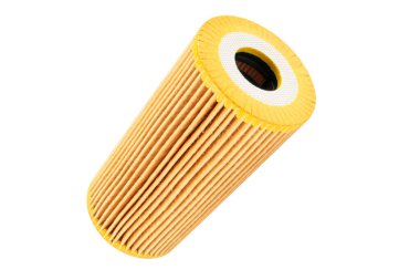 Araba yağı filtresi kesme yolu ile beyaz arka planda izole edildi. Yağ filtresi izole edildi. Araba servisi veya bakım için yedek parça