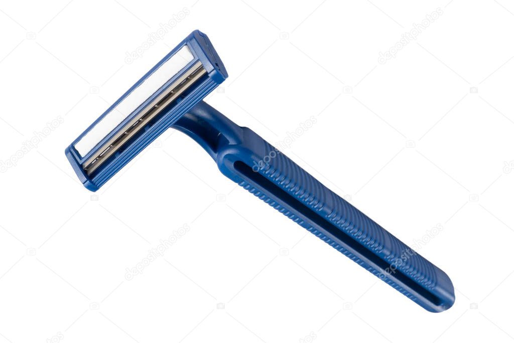 Blue disposable razor blade isolated on white background. Single use razor blade. Disposable shaving razor. 