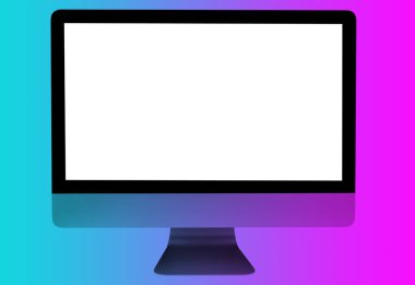 Bilgisayar ofis masasında mavi ve pembe tonlarda. Bilgisayarlı çalışma alanı boş izole edilmiş, kopyalama alanı olan beyaz ekran. Metin için boş boşluk