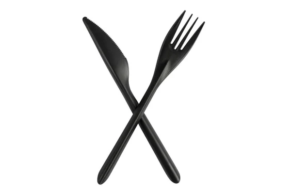 黑色塑料刀叉隔离在白色背景上 带有裁剪路径的可处置餐具集 — 图库照片