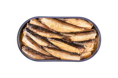 Sprats fish in a metal jar isolated on a white background with clipping path. Top view. Sprats in a metal can with oil. Smoked canned sprats isolated