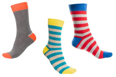 Three volumetric sock with different lines isolated on white background. Colorful volumetric socks son white background. Colored socks on the leg isolated on white background