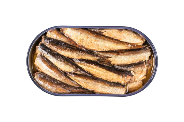 Sprats Fish Metal Jar Isolated White Background Clipping Path Top — Stok fotoğraf