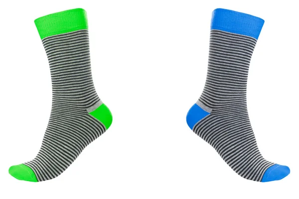 Дві Ємні Шкарпетки Різними Лініями Ізольовані Білому Тлі Барвисті Ємні — стокове фото