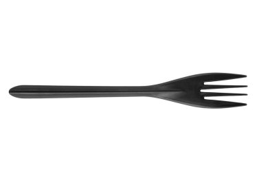 Beyaz arka planda siyah plastik çatal var. Tek kullanımlık tablo takımı kırpma yolu ile izole edildi. 