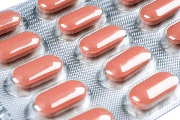 Macro Inyección Pila Comprimidos Rojos Píldora Blíster Embalaje Aislado Sobre — Foto de Stock