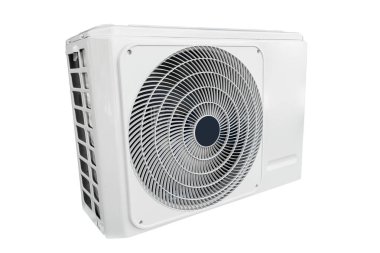 Açık hava ünitesi kompresörü beyaz arka planda izole edildi. Klima makinesini beyaz zemine ayır. Hava kompresörü. 