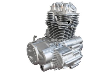 Motosiklet motoru beyaz arka planda izole edilmiş. Motorsiklet, kar aracı ya da ATV için hava soğutmalı içten yanmalı motor. Gümüş motor yaklaş. İzole edilmiş motor