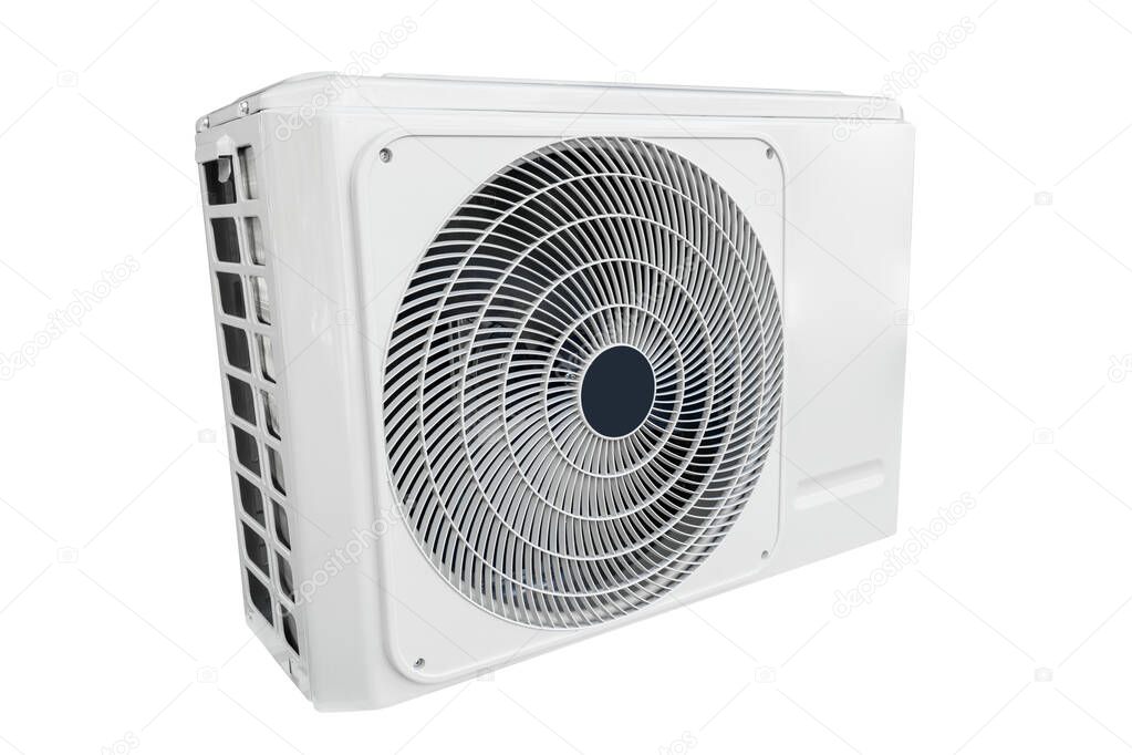 Air condition outdoor unit compressor isolated on white background. Split air conditioner machine isolated on white background. Air compressor. 