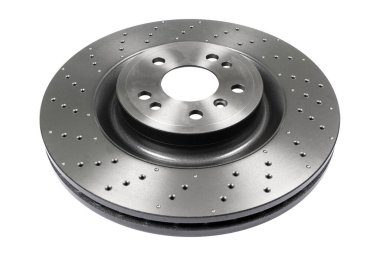 Araba fren diski beyaz arka planda izole edildi. Yedek yedek parça. Delinmiş fren diski rotoru beyaza izole edildi. Havalandırmalı diskler frenleniyor. Araba servisi veya bakım için yedek parça