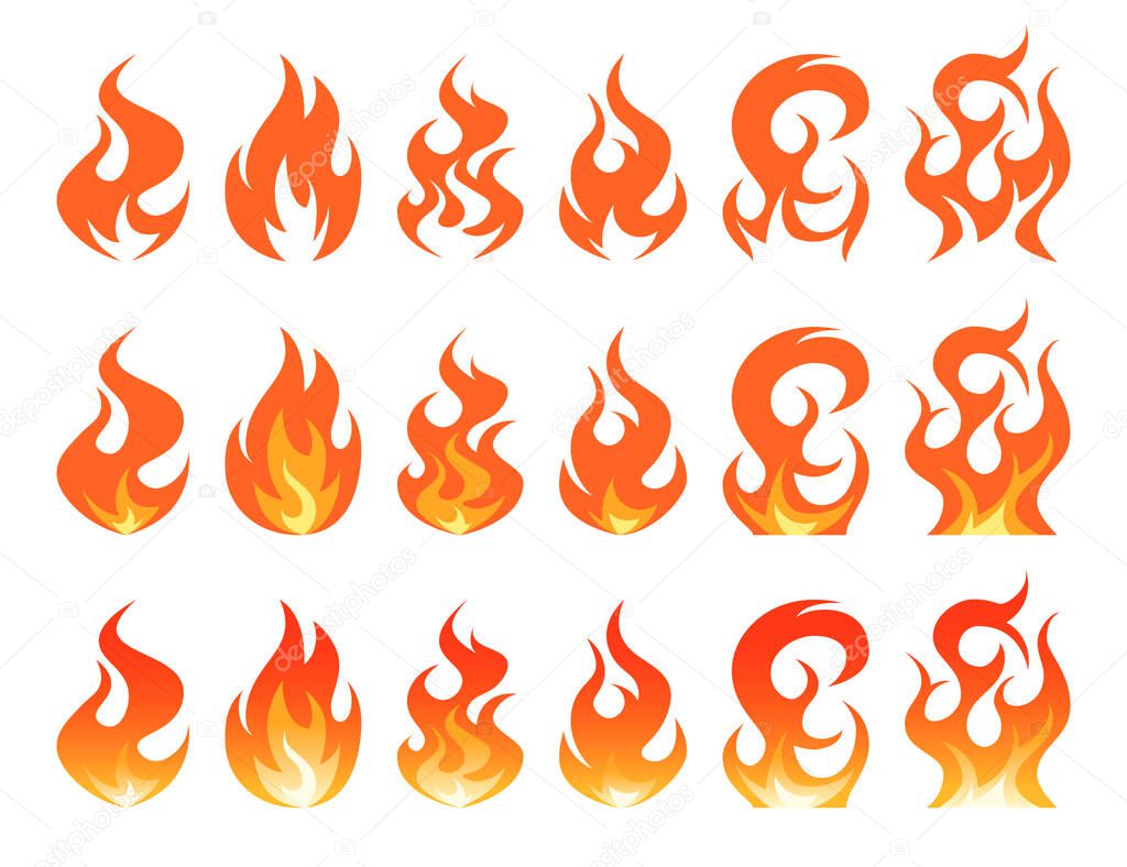 Flame cartoon set. Simple vector illustration of a fire isolated on a white background.