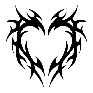 Neo kabilesinin kalbi. Alevli ve kanatlı Y2K dövmesi. Sevgililer Günü, Cadılar Bayramı, rock müzik ya da metal tasarımları için vektör gotik sembol. Düz stil ile siyah izole dekoratif işaret.